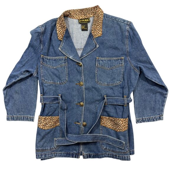 Ivana Trump Denim Jacket Womens 1X Blue Leopard Trimmed Belted Button Front - Picture 1 of 9
